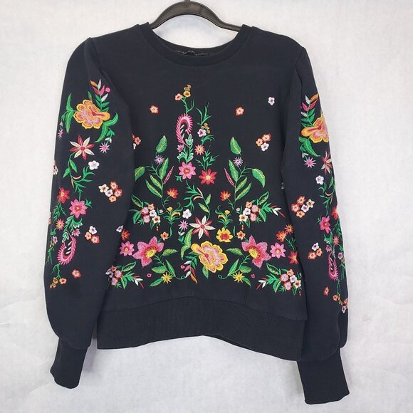 Zara Tops - Zara Embroidered Floral Sweatshirt Women S Puff Sleeve Granny Preppy Heritage